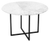 Round marble dining table with glossy Bianco Carrara white surface and cross-frame base, designed for elegant dining spaces.