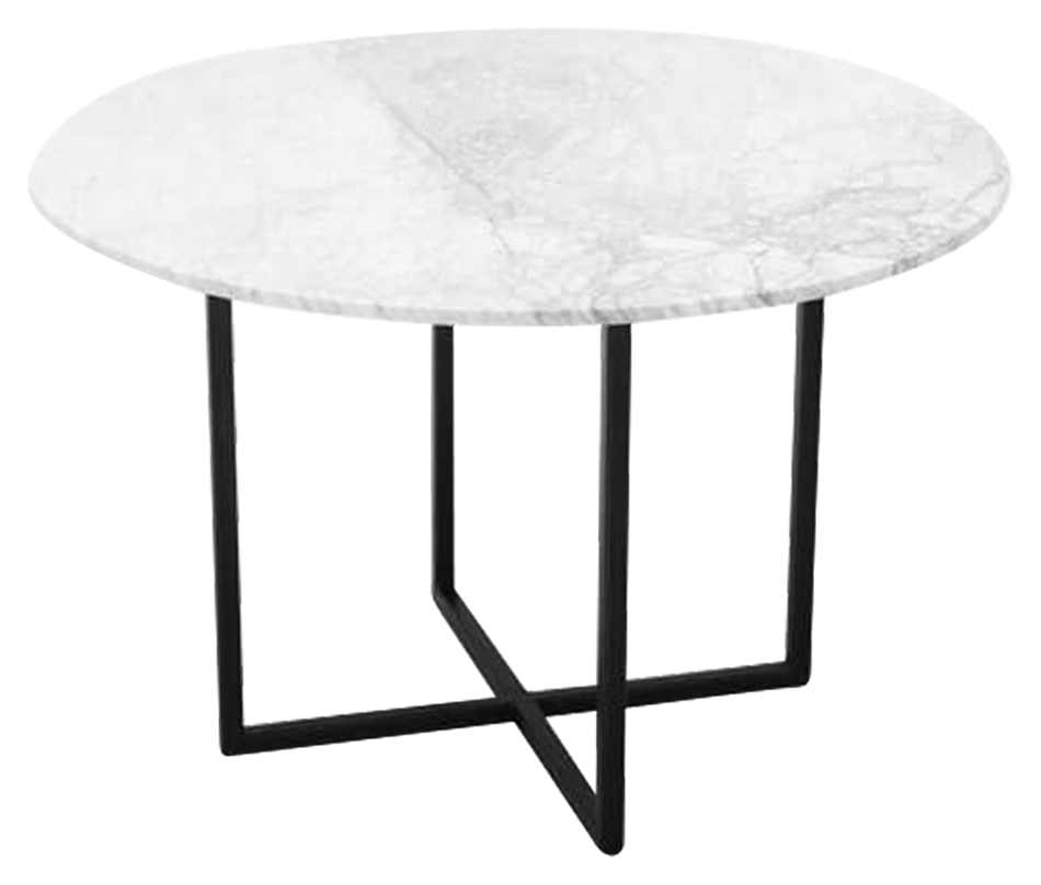 Round marble dining table with glossy Bianco Carrara white surface and cross-frame base, designed for elegant dining spaces.