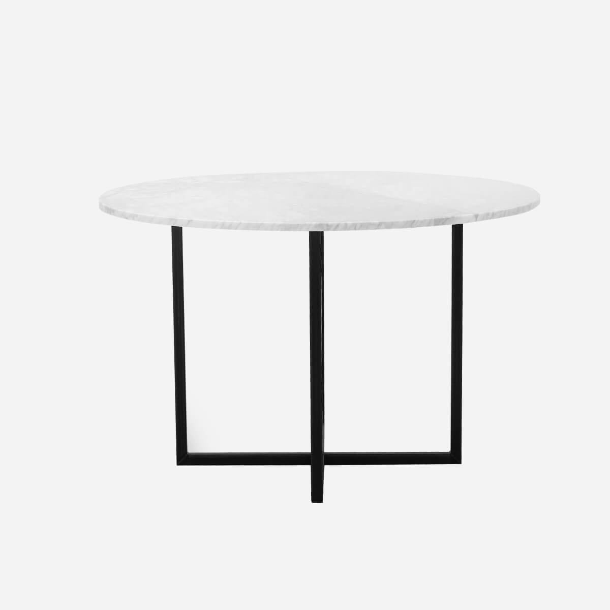 Glossy round marble dining table in Bianco Carrara white with a cross-frame base, ideal for elegant dining spaces.