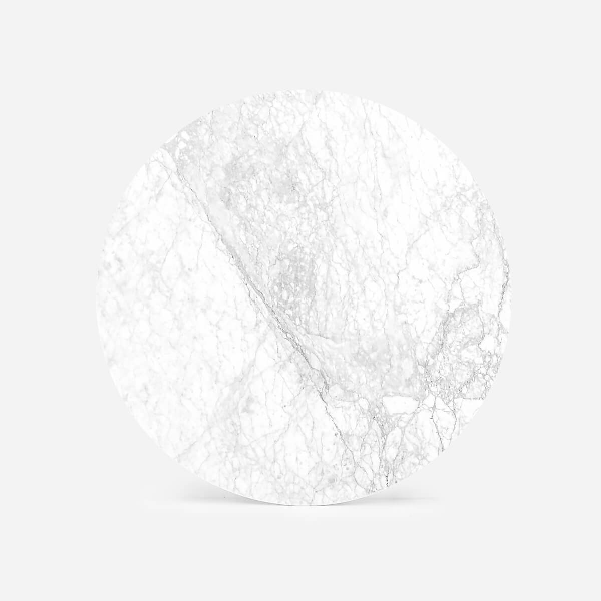 Round marble dining table with glossy Bianco Carrara white surface and cross metal frame, perfect for modern dining rooms.