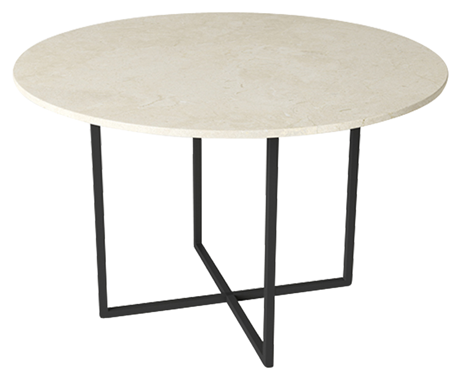 Round Crema Marfil beige marble dining table with cross-frame base, glossy finish, by My Store.