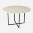 Glossy round marble dining table in Crema Marfil beige with cross-frame base, perfect for elegant dining spaces.
