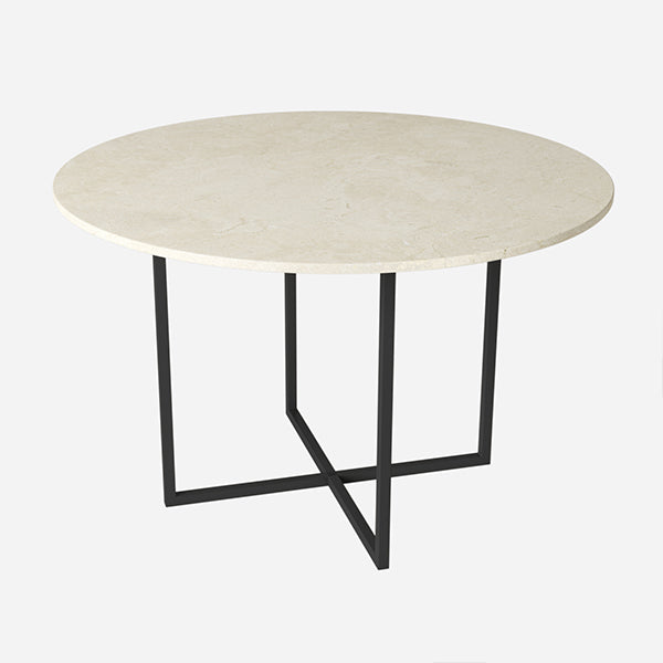 Glossy round marble dining table in Crema Marfil beige with cross-frame base, perfect for elegant dining spaces.
