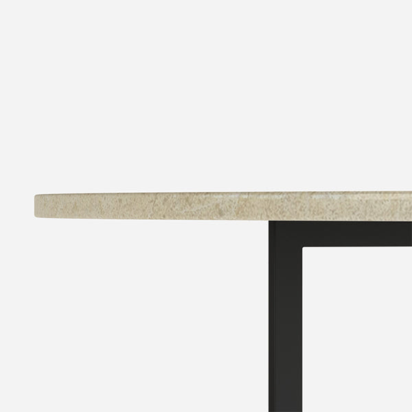 Round marble dining table with Crema Marfil beige surface and cross-frame base, glossy finish, by My Store.