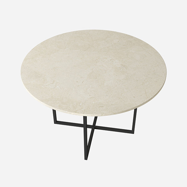 Glossy round marble dining table in Crema Marfil beige with a cross-frame base, by My Store.