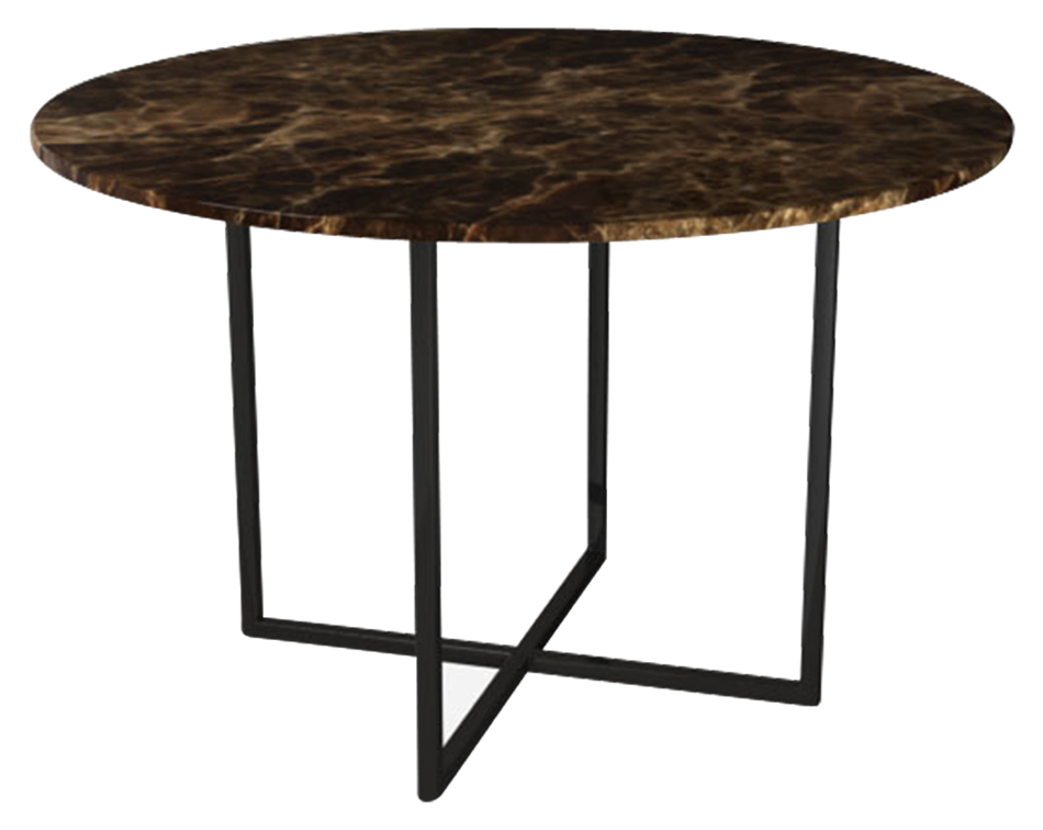 Dark Emperador brown round marble dining table with glossy finish and cross-frame base, ideal for modern dining rooms.