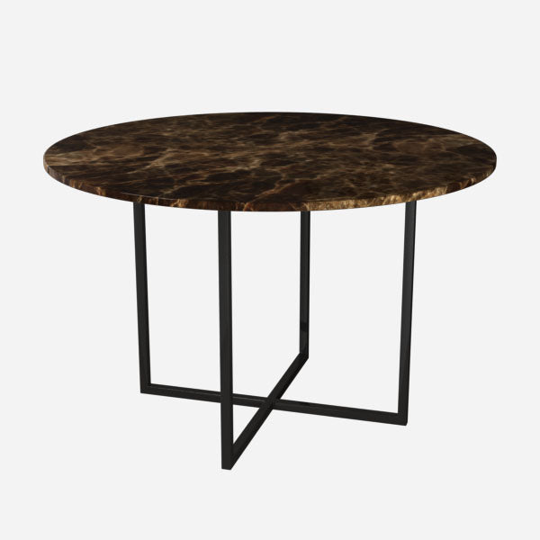 Round marble dining table with dark Emperador brown finish and cross-frame base, glossy surface, for modern dining spaces.