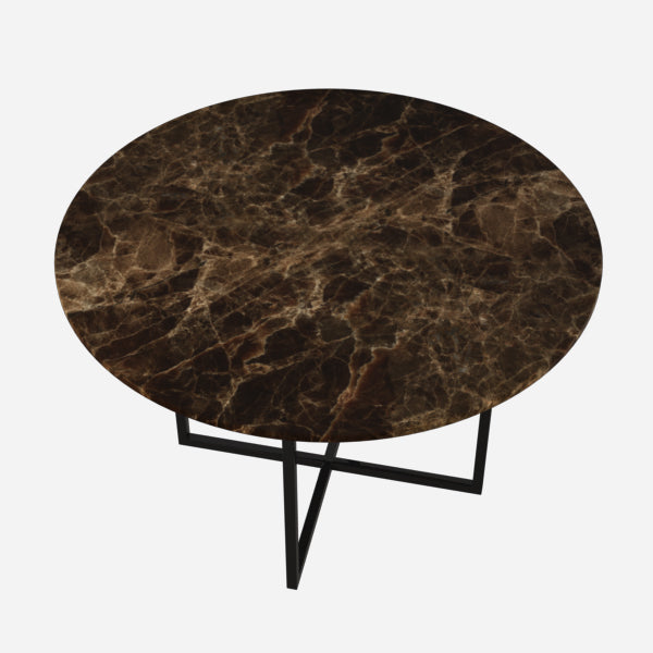 Dark Emperador brown round marble dining table with cross-frame base, glossy finish, perfect for modern dining rooms.