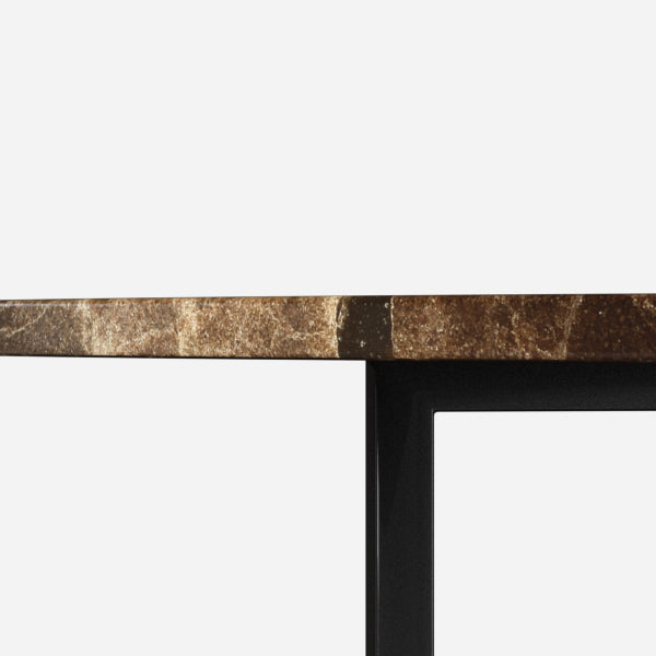 Dark Emperador brown round marble dining table with a cross-frame base, glossy finish, 110 cm diameter, by My Store.