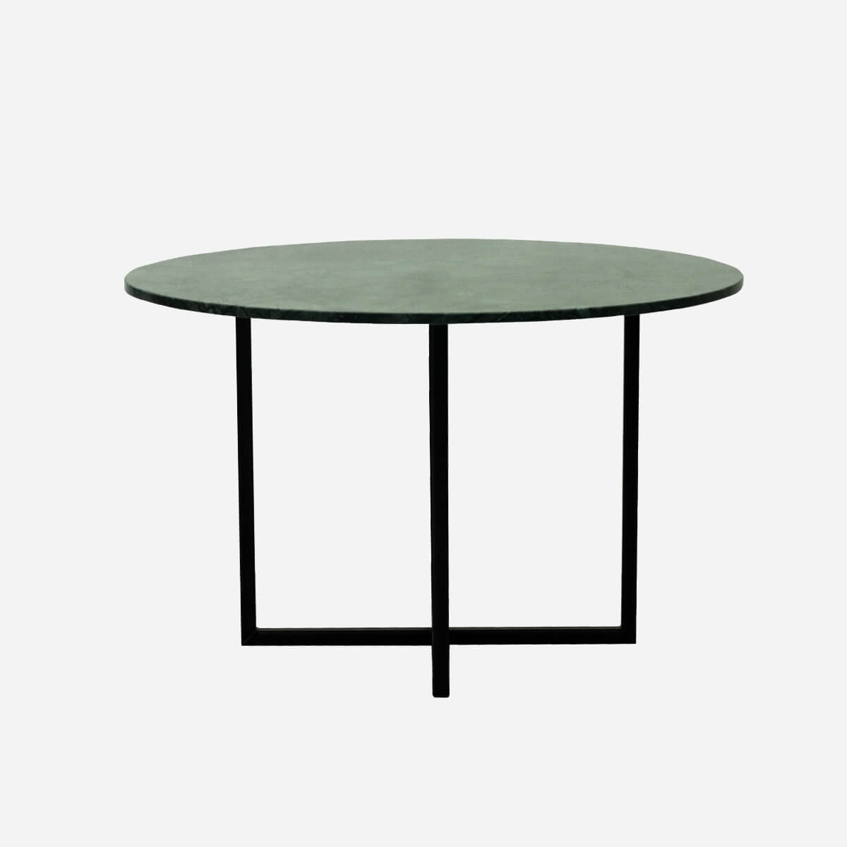 Glossy round marble dining table with India Green marble top and cross-frame base, 110 cm diameter, by My Store.