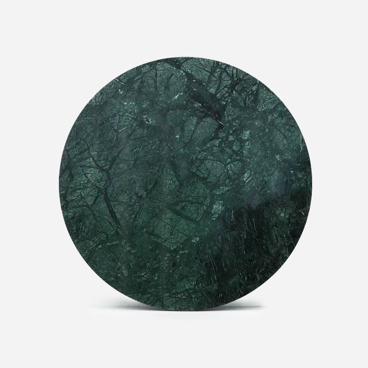Glossy round marble dining table with India Green marble top and cross-frame base, designed for stylish dining rooms.
