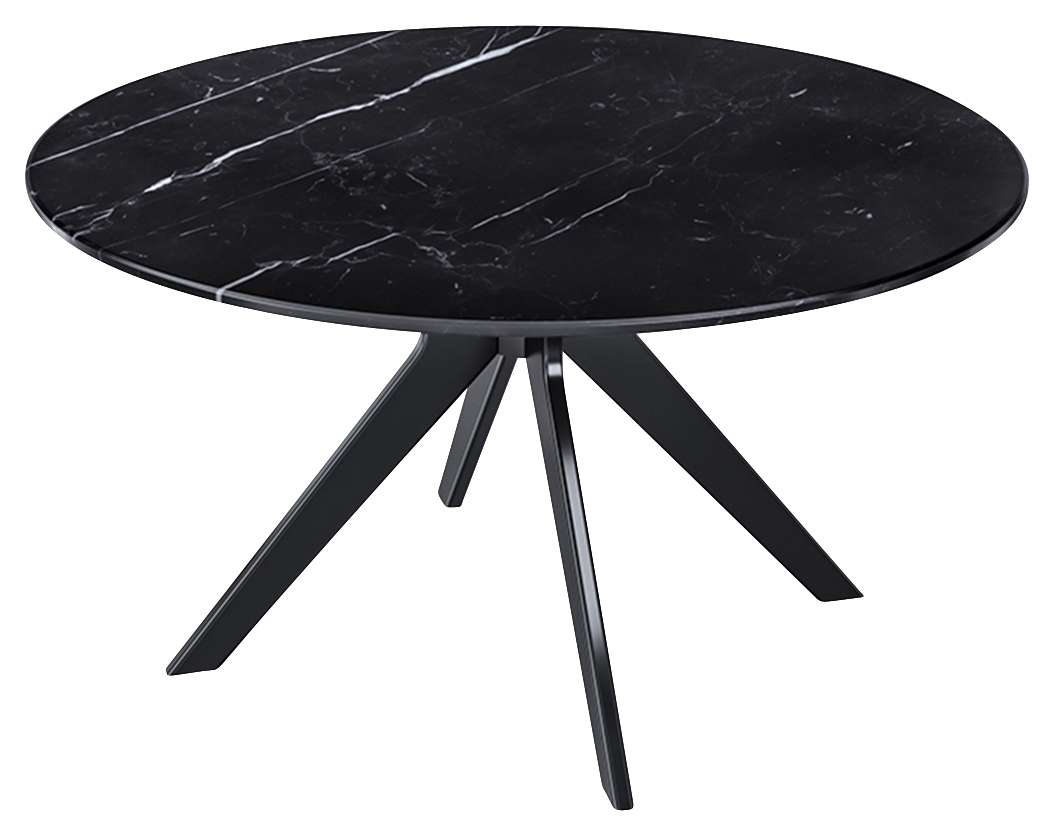 Round Nero Marquina black marble dining table with an arch metal frame, glossy surface, and modern design.