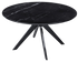 Round Nero Marquina black marble dining table with an arch metal frame, glossy surface, and modern design.