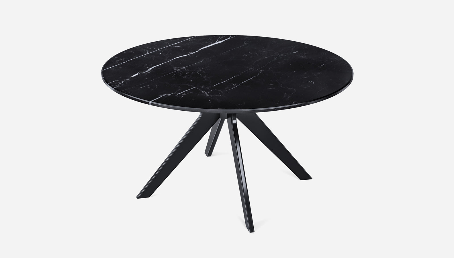 Round Nero Marquina black marble dining table with an arch metal frame, glossy finish, 110 cm diameter.