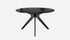 Round Nero Marquina black marble dining table with glossy finish and arch metal frame, perfect for modern dining rooms.