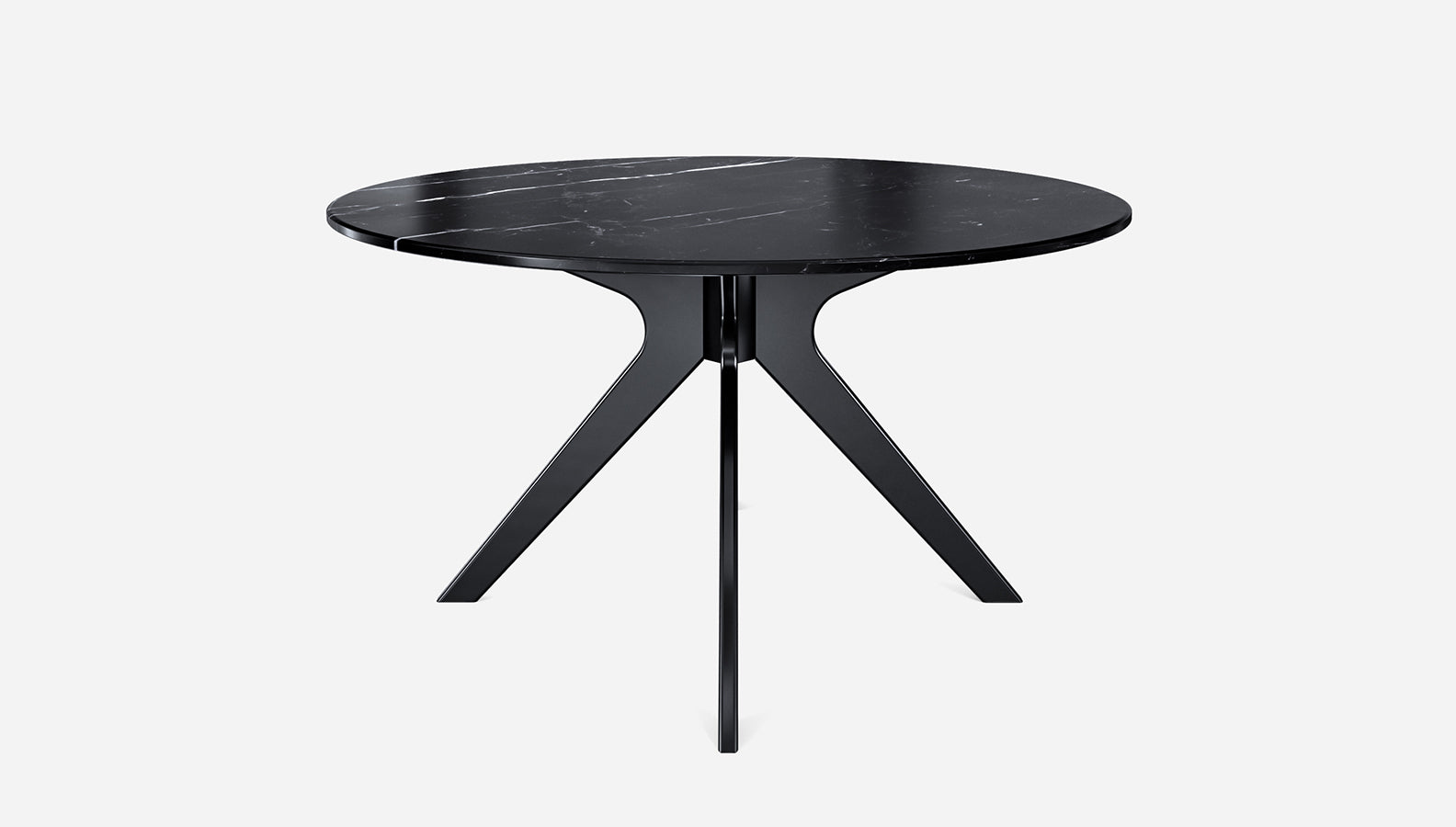 Round Nero Marquina black marble dining table with glossy finish and arch metal frame, perfect for modern dining rooms.