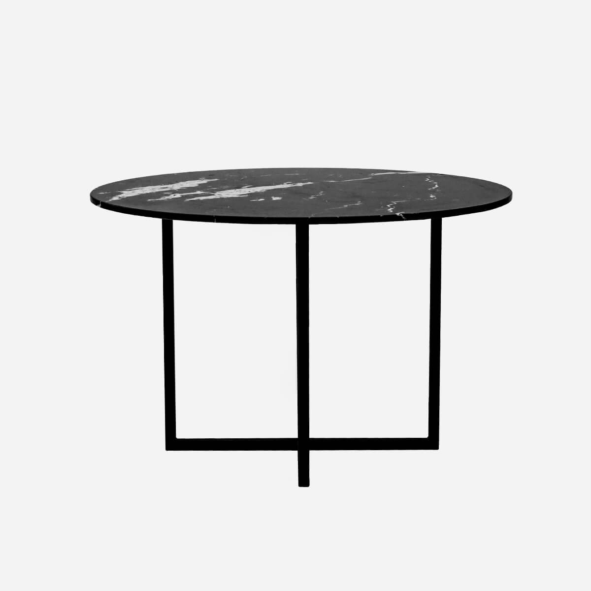 Glossy round marble dining table with Nero Marquina black marble top and cross-frame base, modern and stylish design.