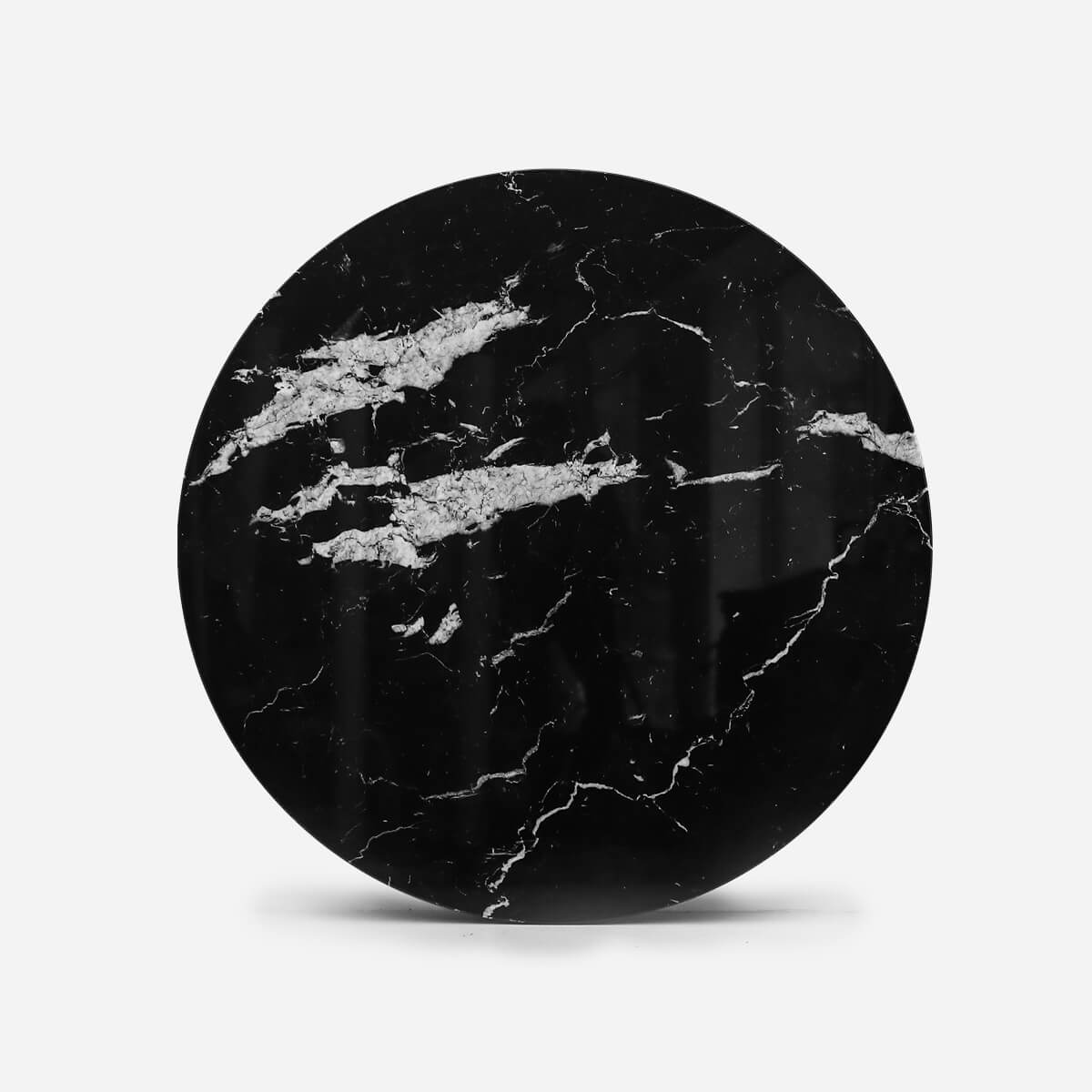Glossy round Nero Marquina black marble dining table with cross metal frame, 110 cm diameter, modern and elegant design.