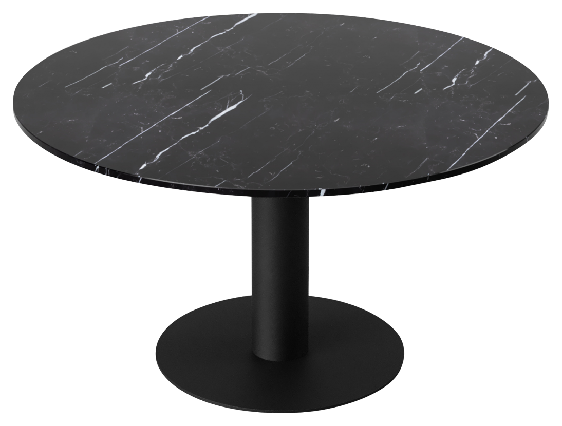 My Store KIYO round dining table in Nero Marquina black marble, matte finish with subtle scratches, diameter 110 cm.