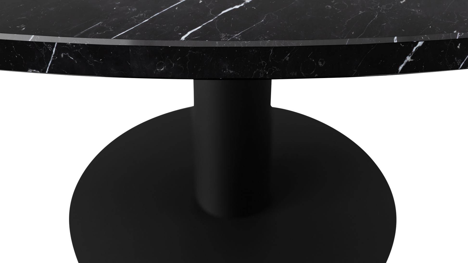 KIYO round dining table with Nero Marquina black marble top and black center-leg, matte finish with subtle surface scratches