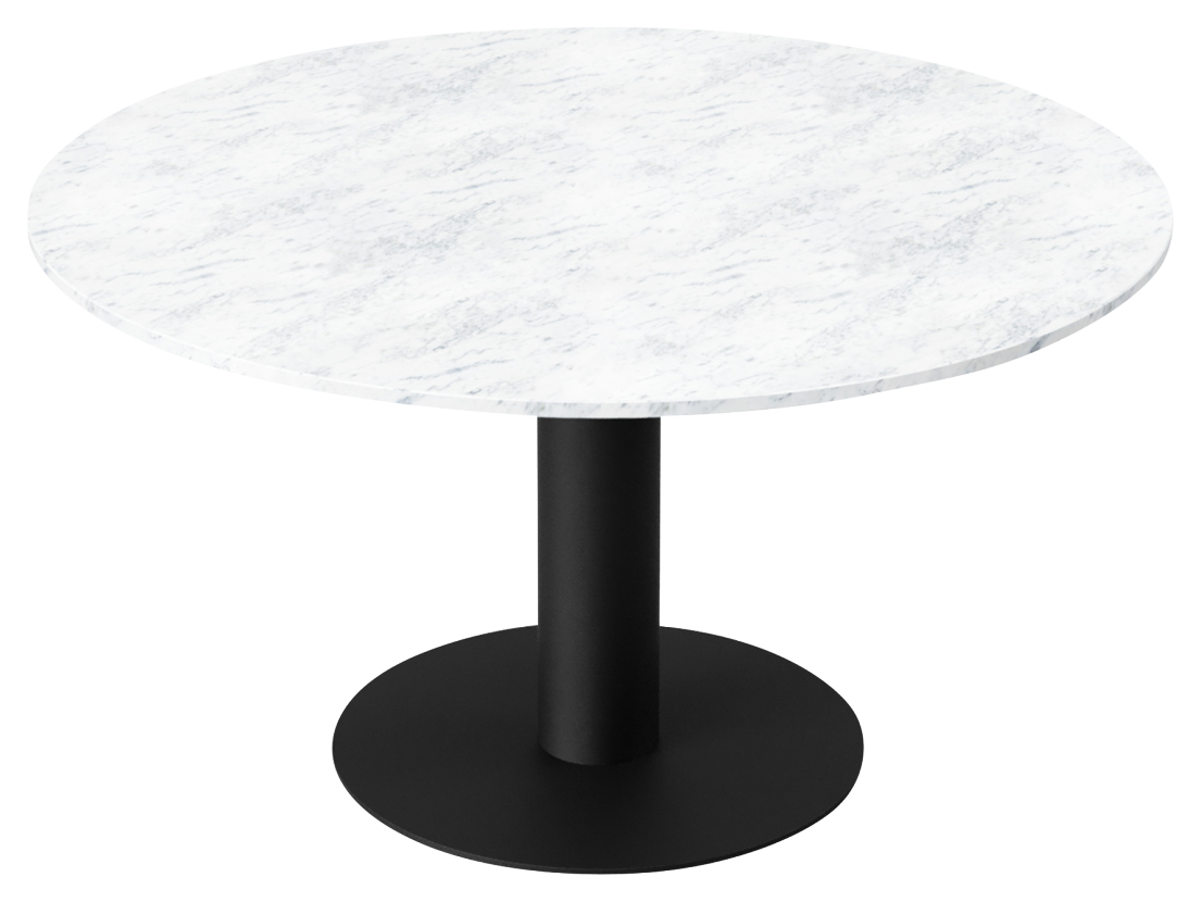KIYO round dining table with Bianco Carrara white marble top and black center-leg, modern design, 120 cm diameter.