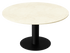 Round KIYO dining table with Crema Marfil beige marble top and black center-leg, matte finish with subtle dents on the side.