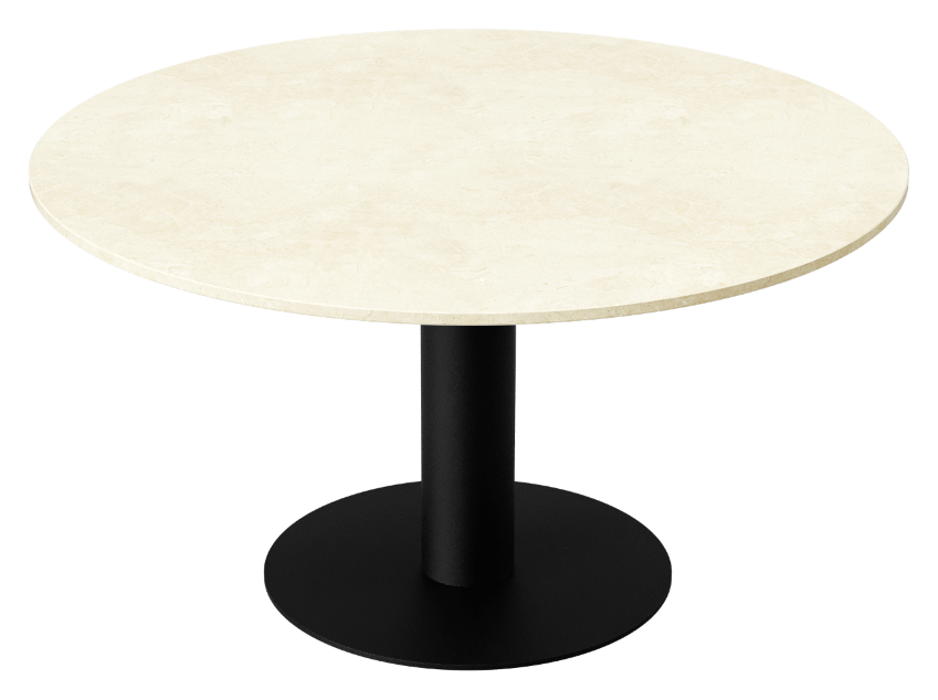 Round KIYO dining table with Crema Marfil beige marble top and black center-leg, matte finish with subtle dents on the side.