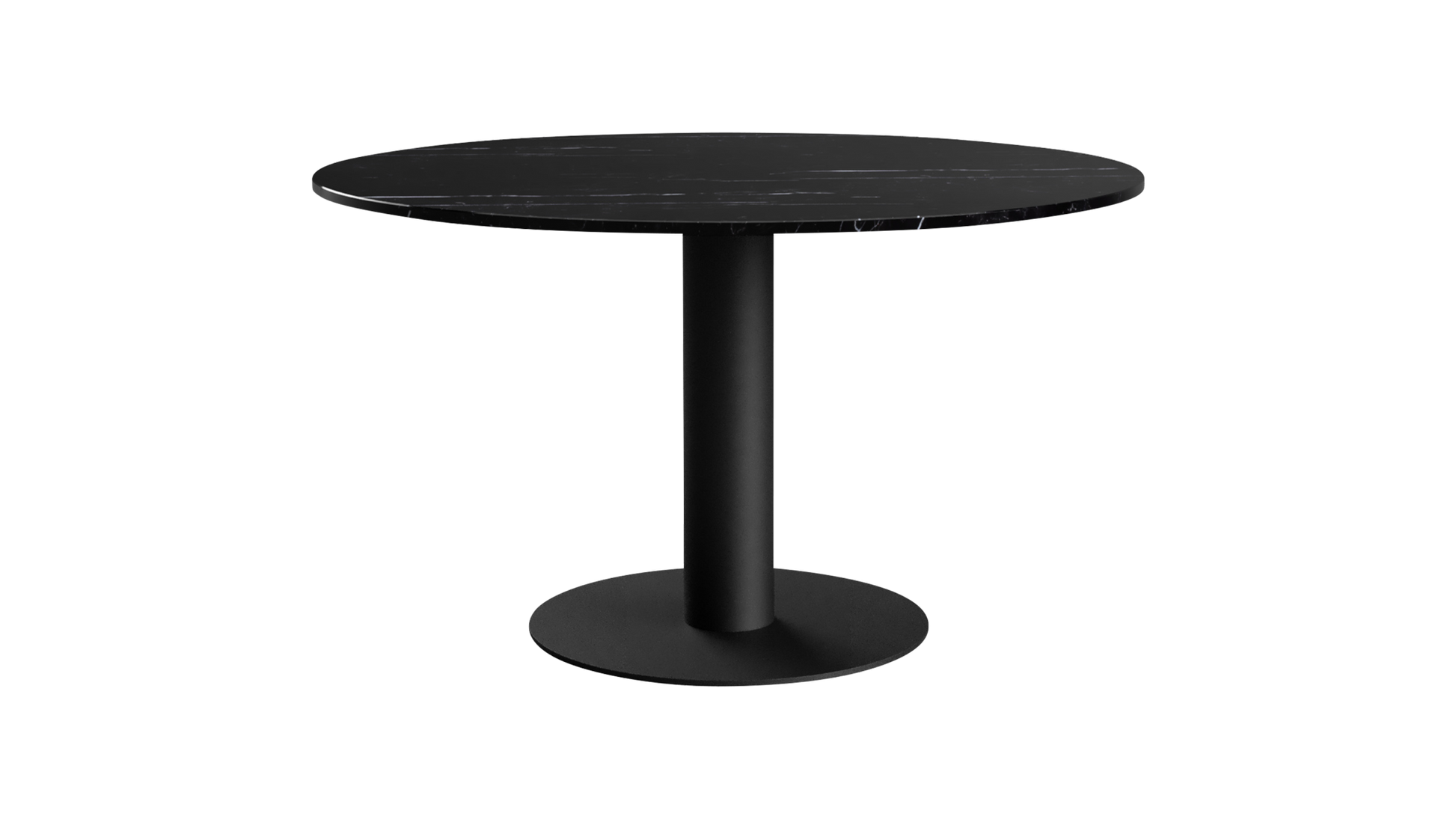 KIYO round dining table with Nero Marquina black marble top and black center-leg, in very good condition with light scratches.