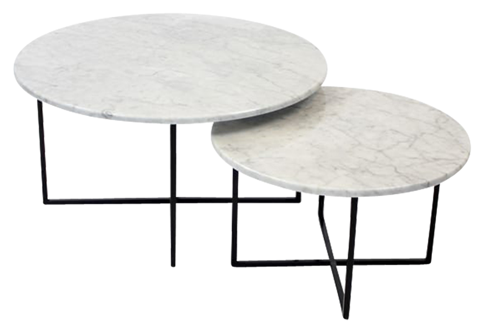 Set of two round marble coffee tables in Bianco Carrara white with matte finish, designed for modern living rooms.
