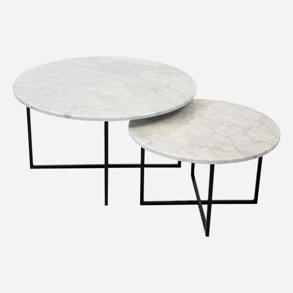 Round marble coffee table set with Bianco Carrara white marble surface and matte finish, modern design with sleek legs.