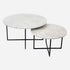 Round marble coffee table set with Bianco Carrara white marble surface and matte finish, modern design with sleek legs.