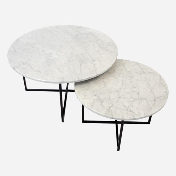 Round marble coffee table set with matte finish, featuring Bianco Carrara white marble tops and sleek modern design.