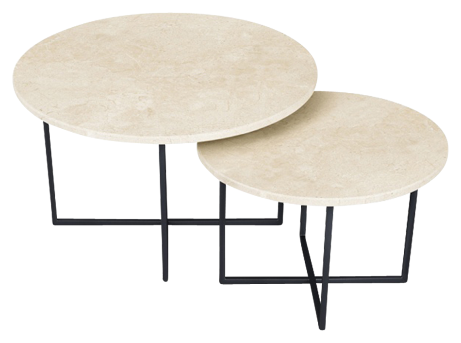 Matte round marble coffee table set in Crema Marfil beige with sleek design and sturdy legs, ideal for modern living rooms.