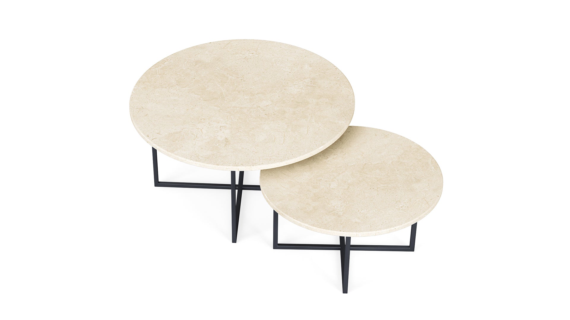 Round marble coffee table set with beige Crema Marfil marble surface and matte finish, modern design by My Store.