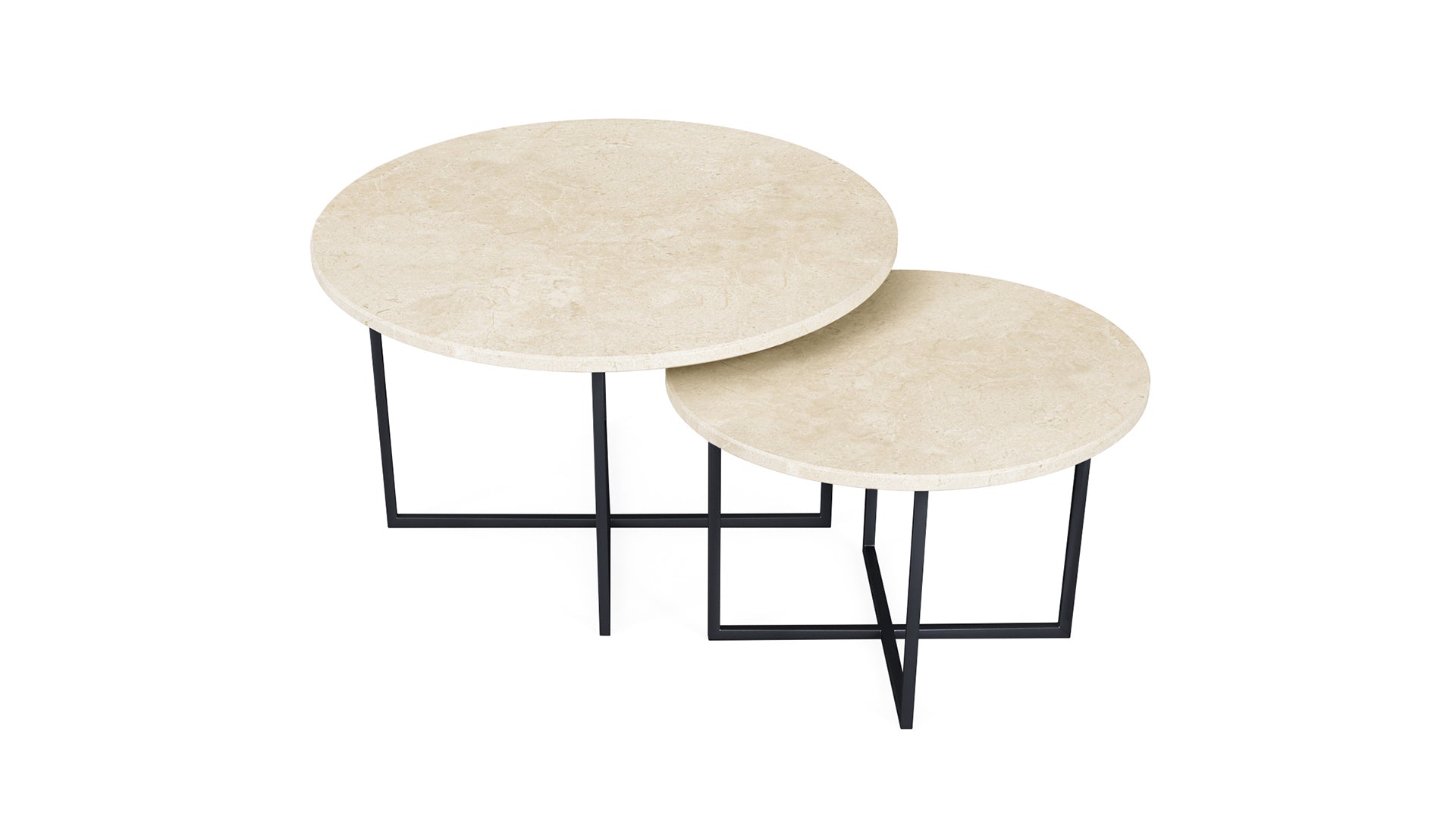 Matte round marble coffee table set in Crema Marfil beige with sleek design, perfect for modern living rooms.
