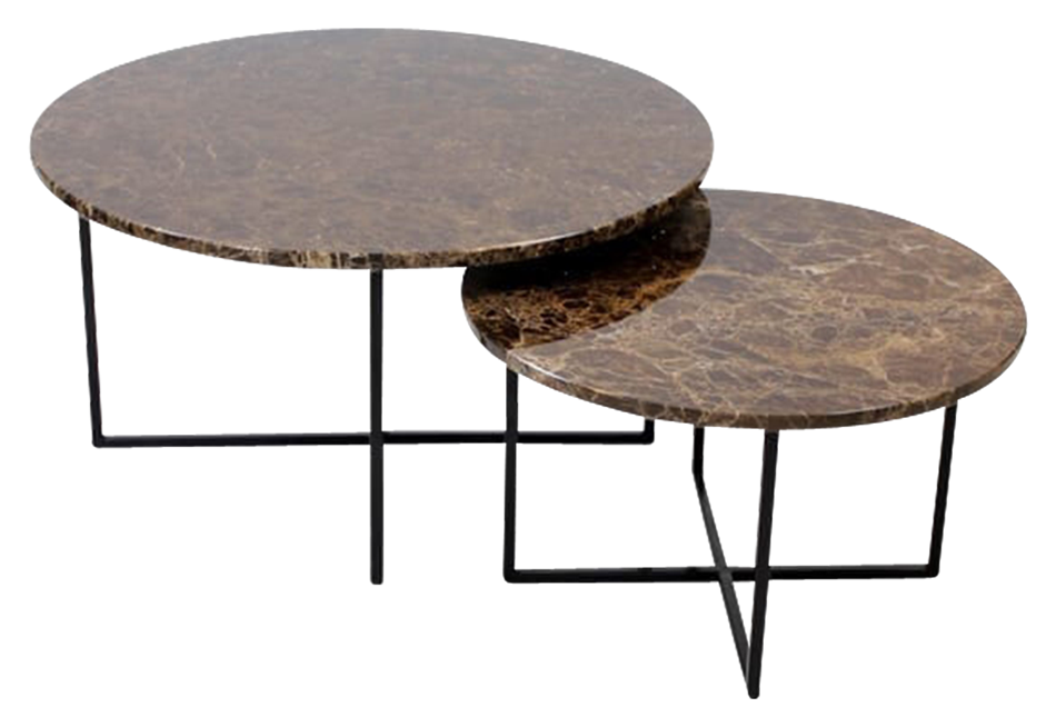 Dark Emperador brown round marble coffee table set with matte finish, featuring sleek modern design and sturdy metal legs.