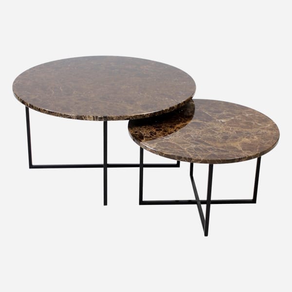 Dark Emperador brown round marble coffee table set with matte finish, featuring two elegant modern tables.