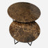 Dark Emperador brown round marble coffee table set with matte finish, featuring sleek modern design and sturdy metal legs.