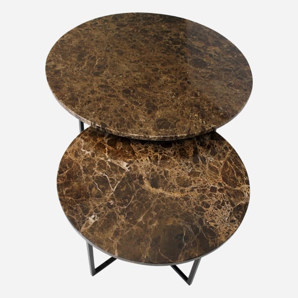 Dark Emperador brown round marble coffee table set with matte finish, featuring sleek modern design and sturdy metal legs.