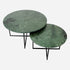 Matte round marble coffee table set with India Green marble surface, featuring sleek modern design and sturdy legs.