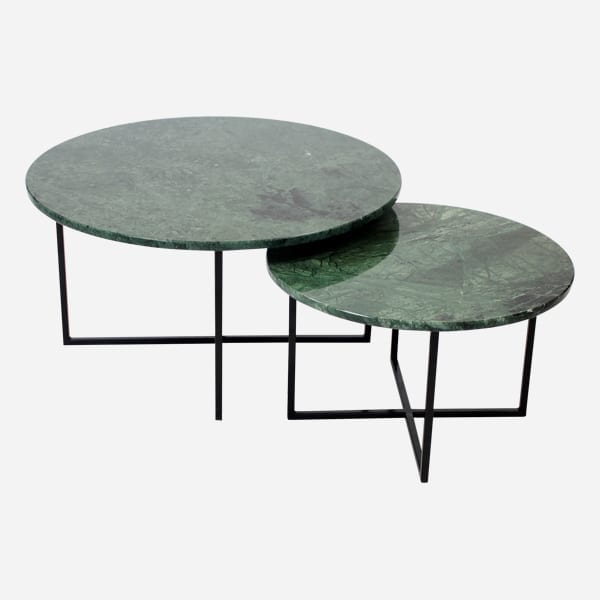Matte round marble coffee table set in India Green with gold legs, modern design for living room decor.