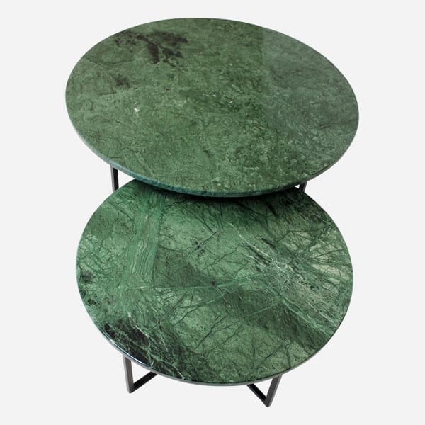 Matte round marble coffee table set in India Green with a sleek design, perfect for modern living spaces.