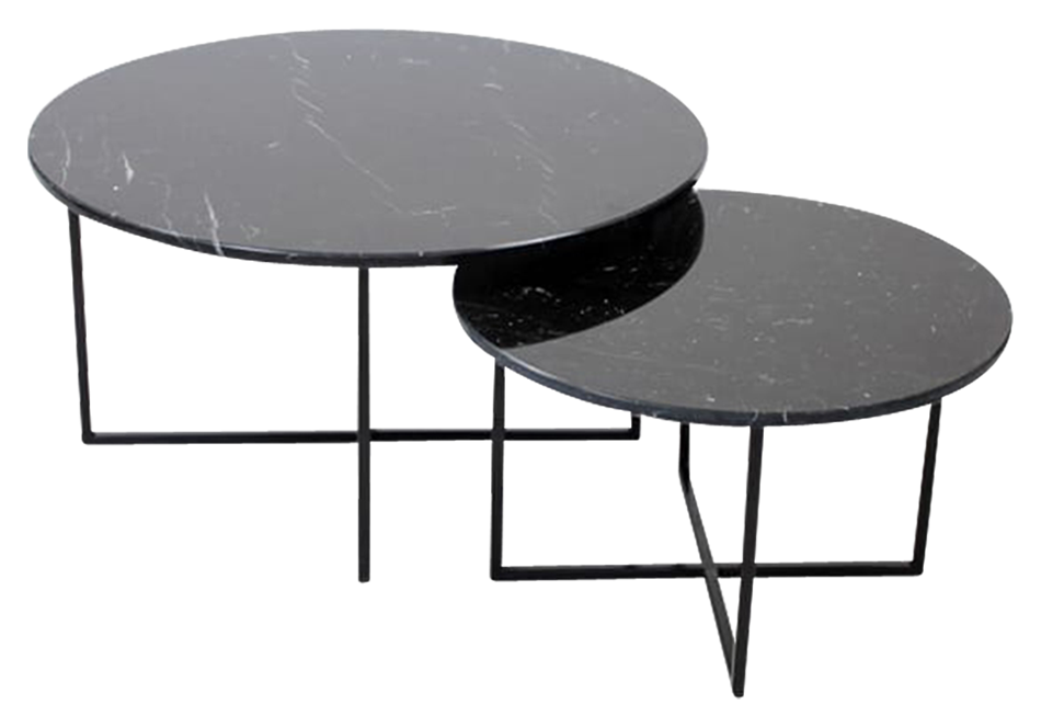 Matte round marble coffee table set in Nero Marquina black with sleek black legs, modern design by My Store