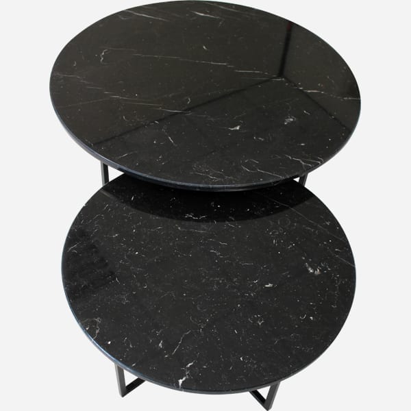 Matte Nero Marquina black round marble coffee table set with sleek design and modern style, ideal for living room decor.