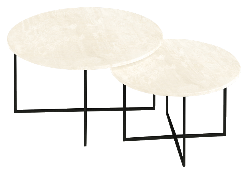 Round marble coffee table set with travertine surface, featuring sleek, modern design and sturdy legs for contemporary living spaces.