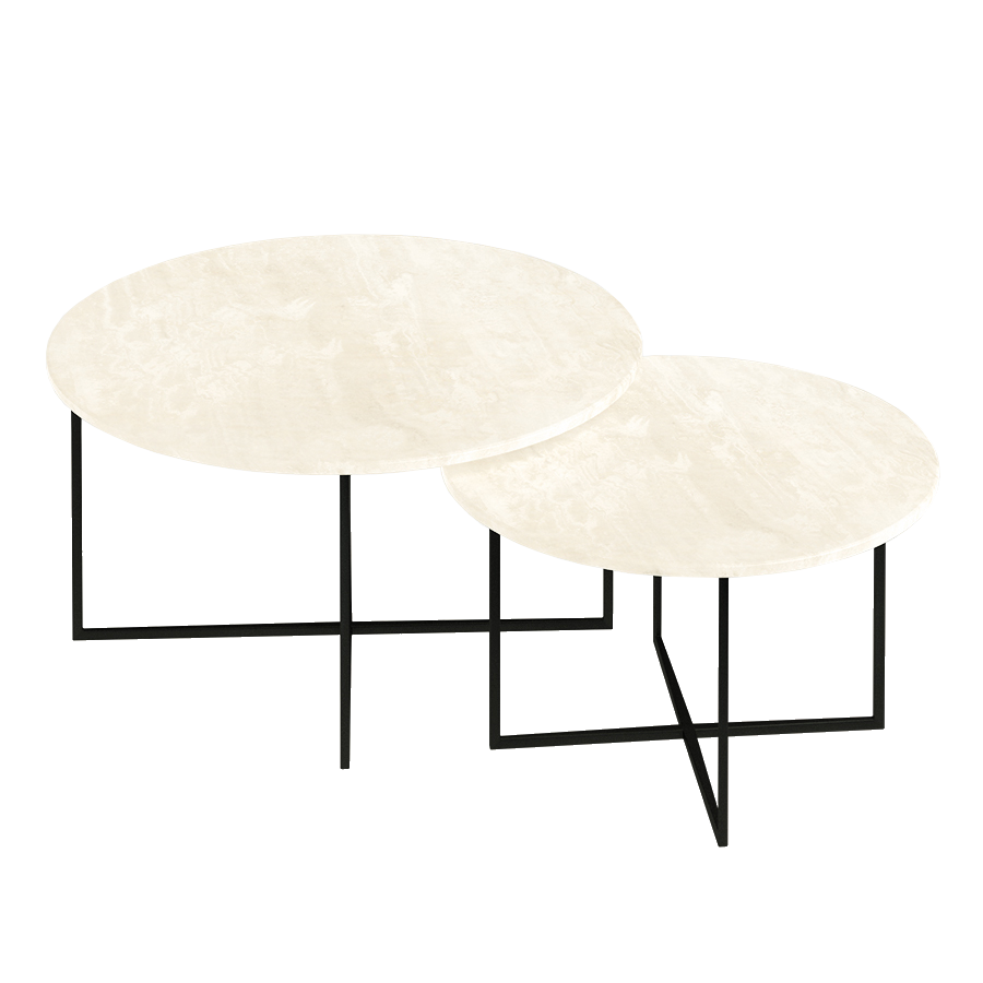 Round marble coffee table set with travertine finish, featuring sleek, modern design and sturdy round bases.