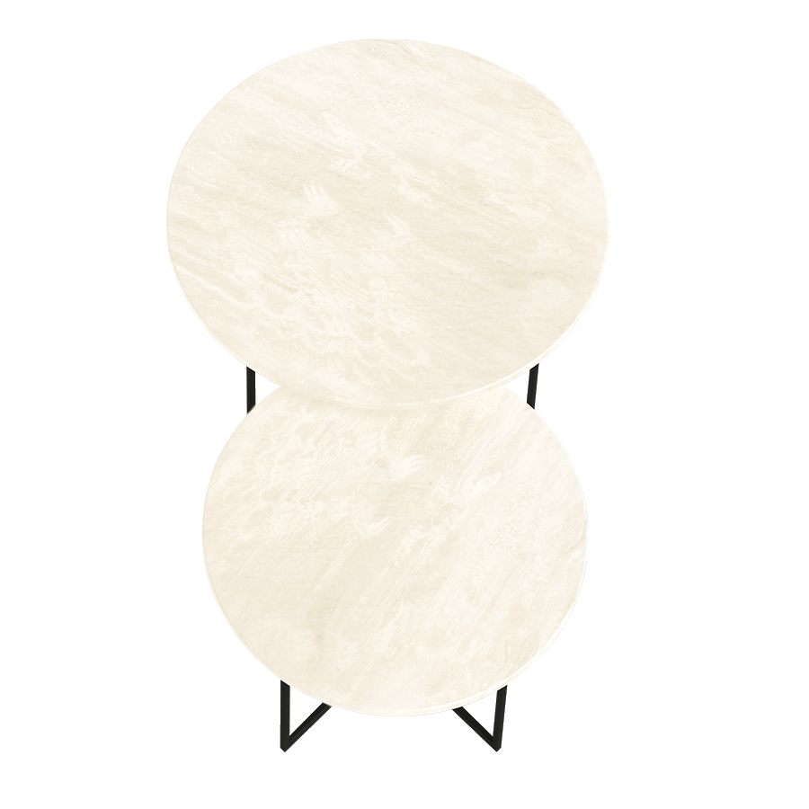 Round marble coffee table set with travertine surface, featuring sleek legs, ideal for modern living rooms.
