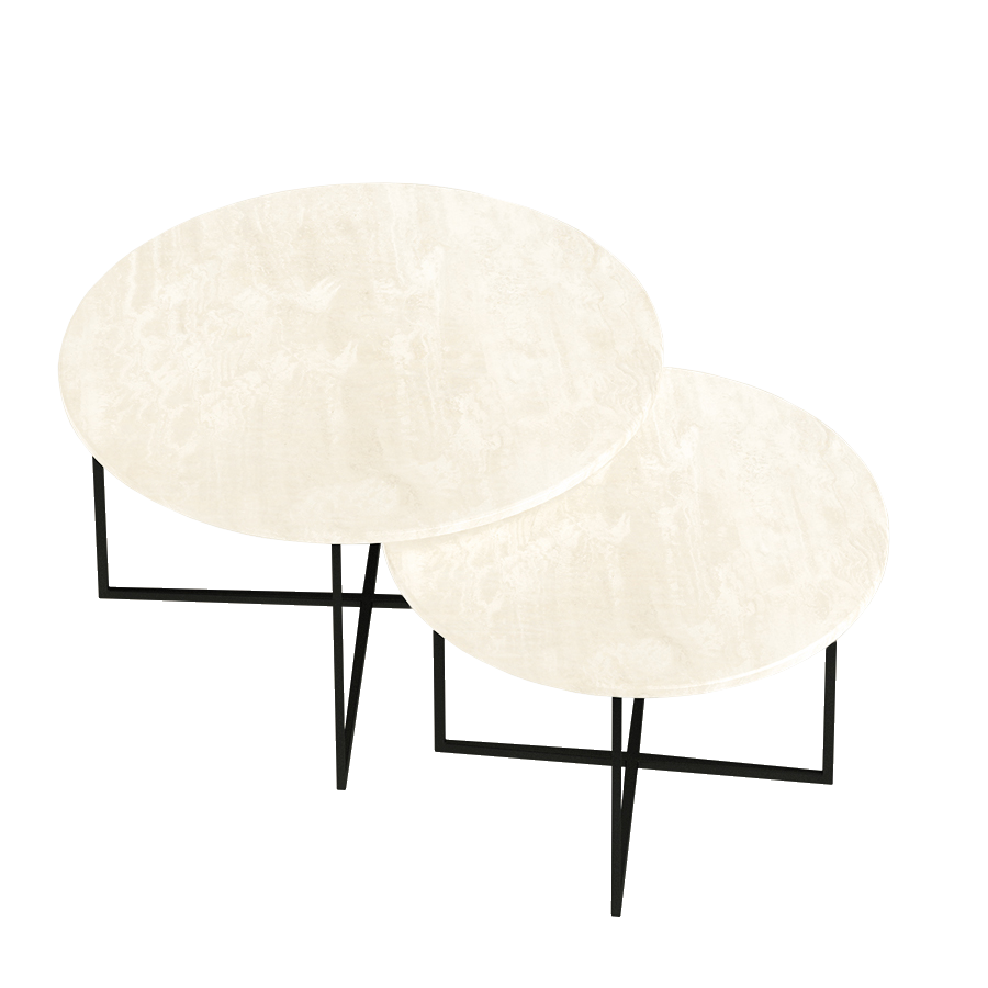 Round marble coffee table set with travertine surface, featuring modern design and sleek legs for contemporary living rooms.