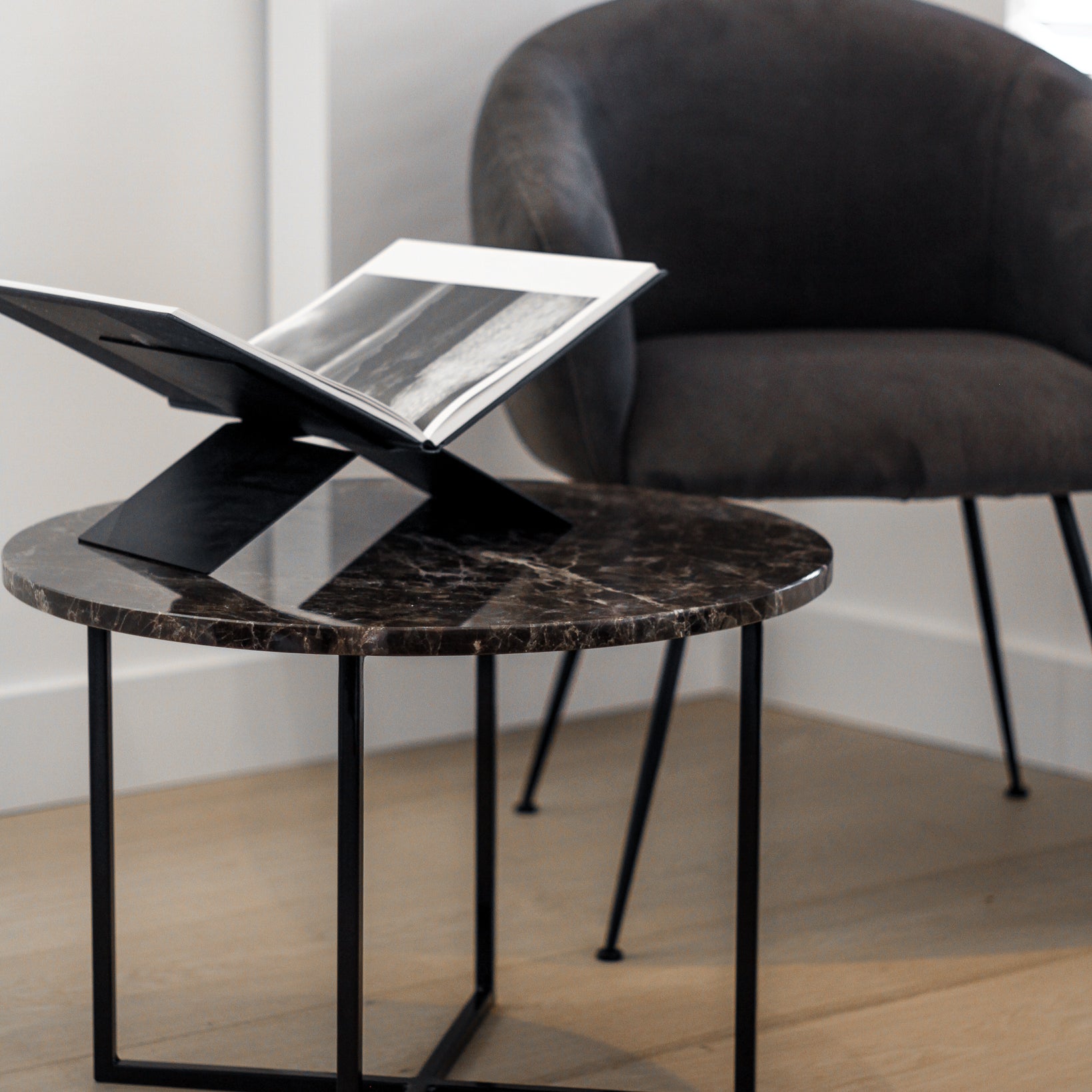 Round marble coffee table with dark Emperador brown finish, glossy surface, by My Store, 60 cm diameter with no visible damage.