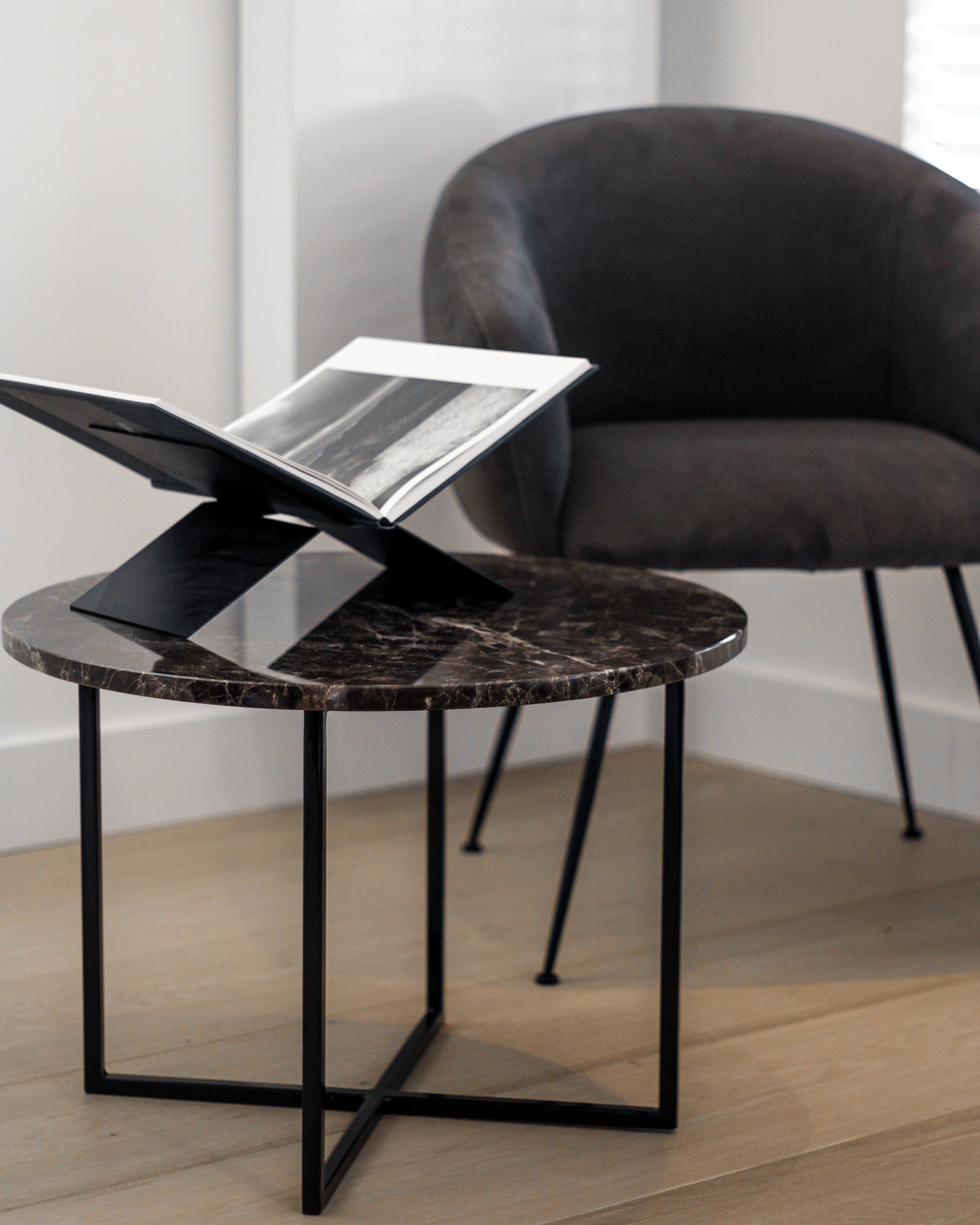Round marble coffee table with dark Emperador brown finish, glossy surface, by My Store, 60 cm diameter with no visible damage.